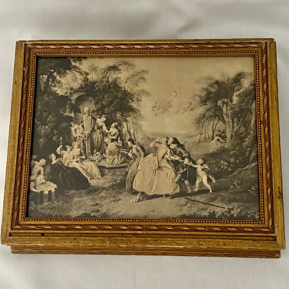 Vintage Wood Glass Mirror Trinket Jewelry Box Cupid Courting Scene